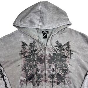 Social Collision Mens XL Grey Mineral Wash Gothic Skeleton Graphic Zip Hoodie